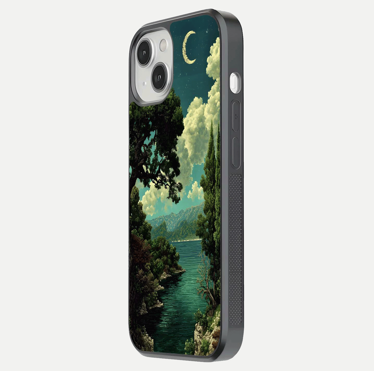 Celestial Lake Peace Glass Case for iPhone 13 side-angle image displaying reflective glow and gentle edges