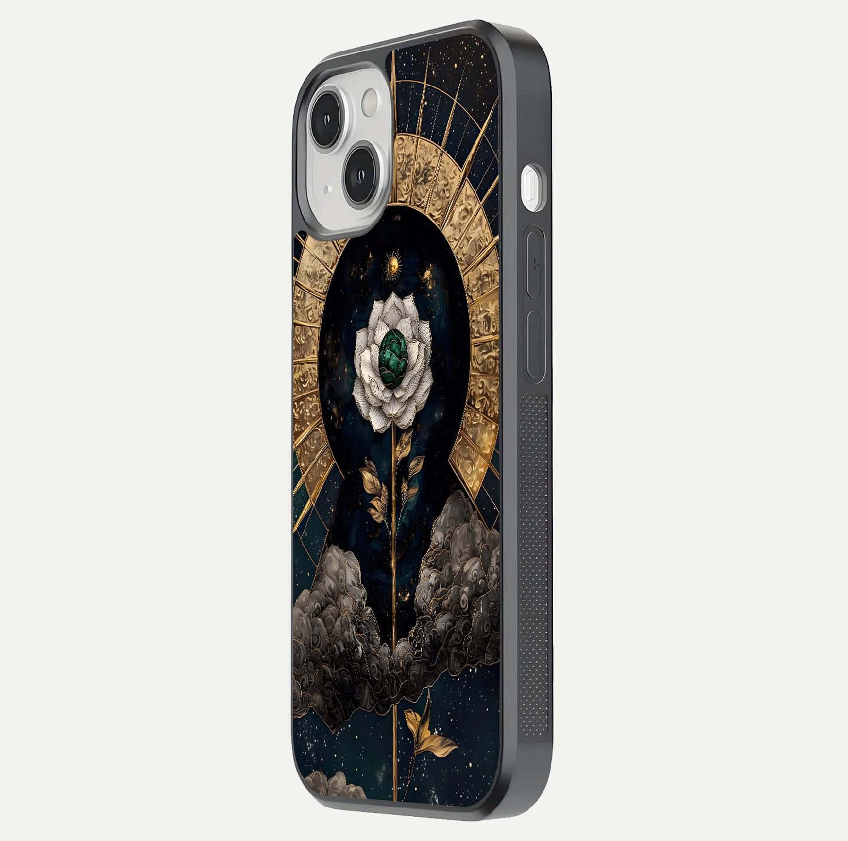 Celestial Lotus Morang Glass Case for iPhone 13 side-angle image capturing shine and smooth curvature