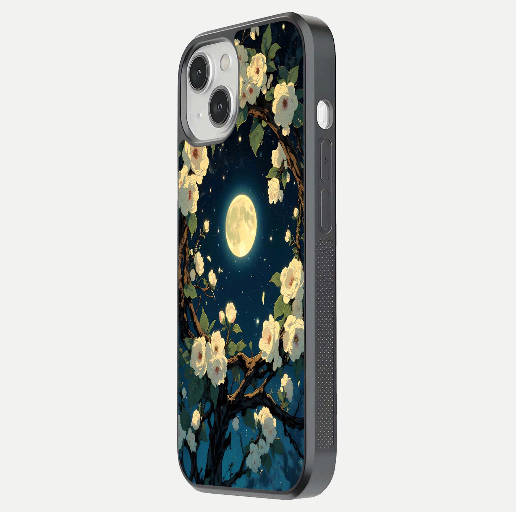 Celestial Moon & Flower Glass Case for iPhone 13 side-angle image showing edge smoothness and glow reflection