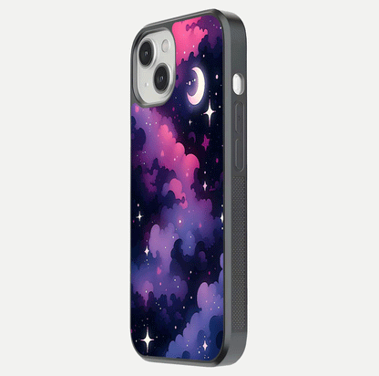 Celestial Moon Magic Glass Case for iPhone 13 side-angle shot capturing soft reflection and curved gloss