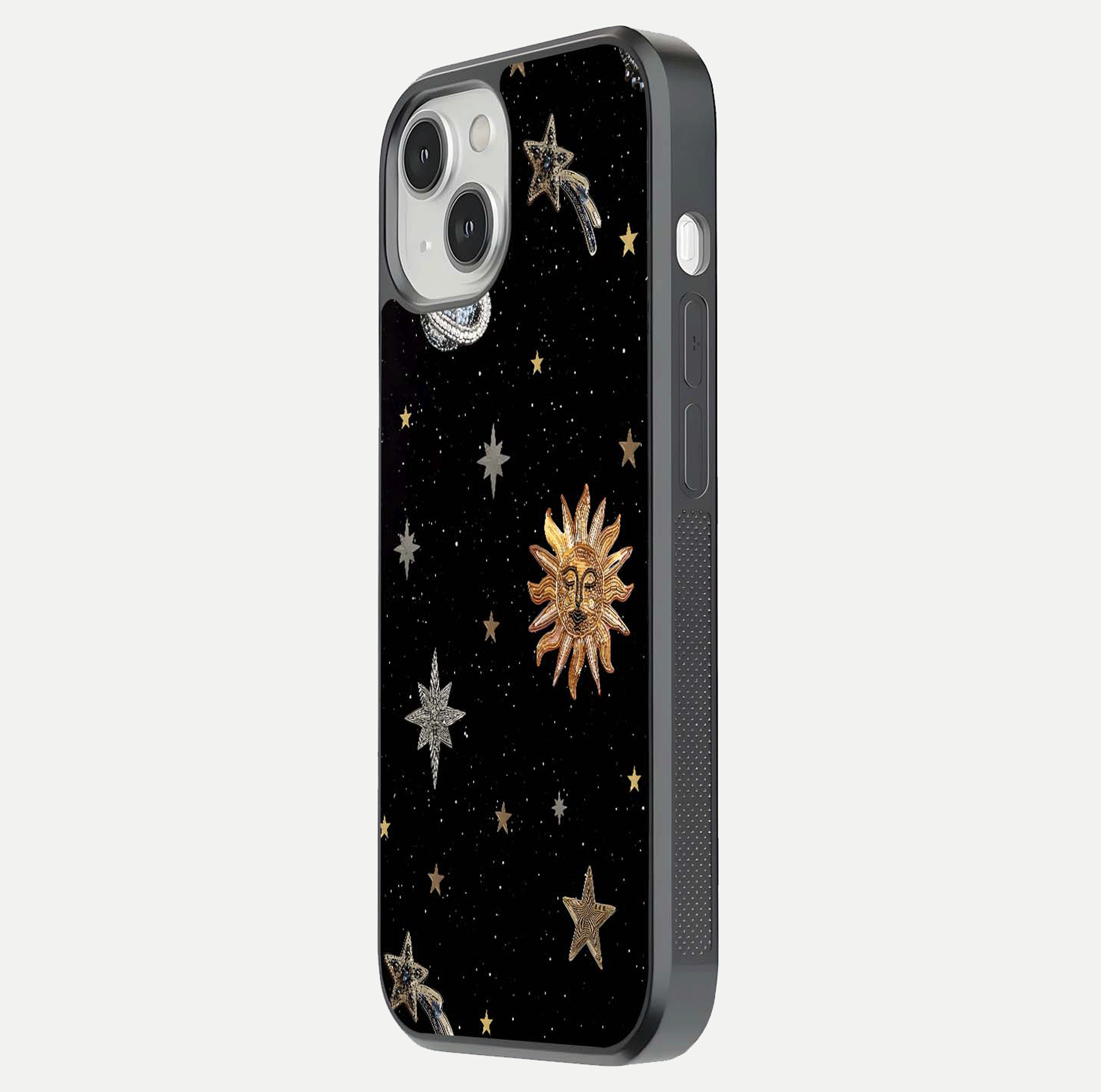 Celestial Moon With Stars Glass Case for iPhone 13 side-angle view showing curved edges and shimmer glow
