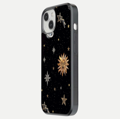 Celestial Moon With Stars Glass Case for iPhone 13 side-angle view showing curved edges and shimmer glow