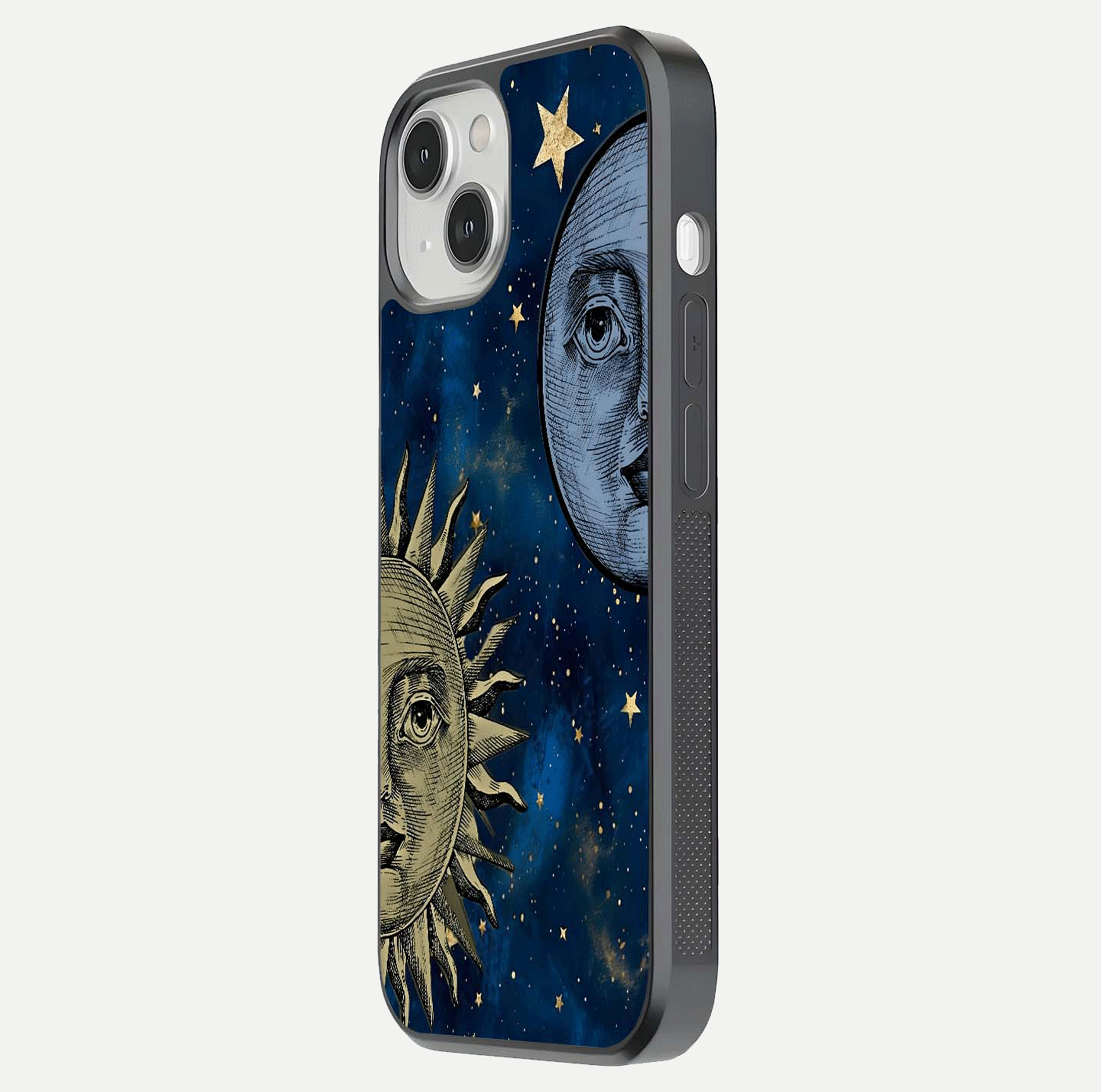 Celestial Moon With Sun Glass Case for iPhone 13 side-angle image showing reflection tones and cosmic edge