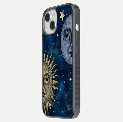 Celestial Moon With Sun Glass Case for iPhone 13 side-angle image showing reflection tones and cosmic edge