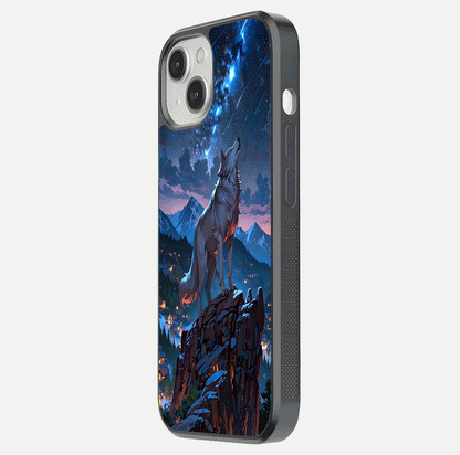 Celestial Wolf Howl Glass Case for iPhone 13 side-angle image showing curve polish and moon glow