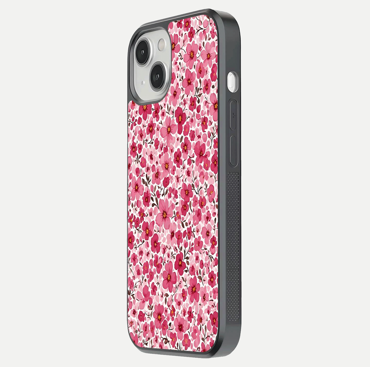 Cherry Blossom Charm Glass Case for iPhone 13 side-angle image showing reflection gloss and soft texture