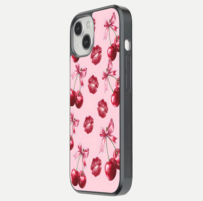 Cherry With Lips Glass Case for iPhone 13 side-angle image showing gloss reflection and fine details