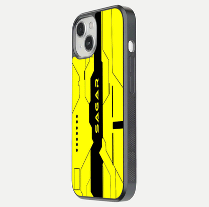 Circuit CYBERPUNK Custom Name Glass Case for iPhone 13 side-angle image showing reflective finish and design precision