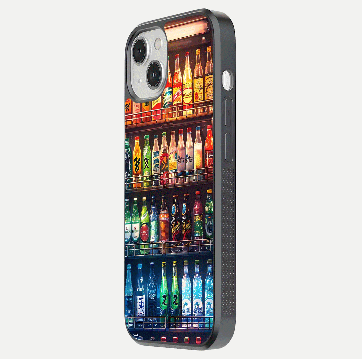 Colorful Soda Bottles Glass Case for iPhone 13 side-angle photo showing polish shine and texture depth