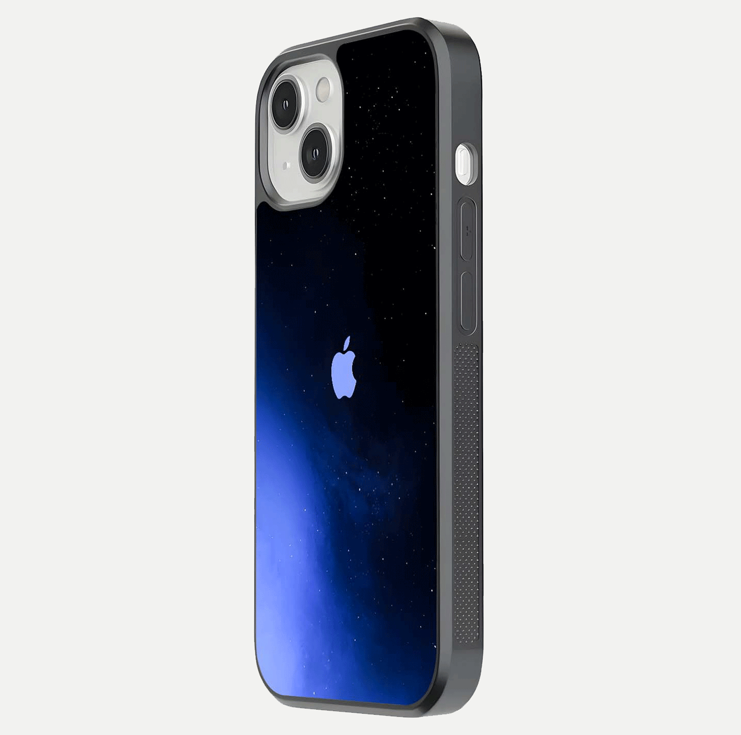 Cosmic Blue Apple Glass Case for iPhone 13 side-angle image showing curve polish and star detail