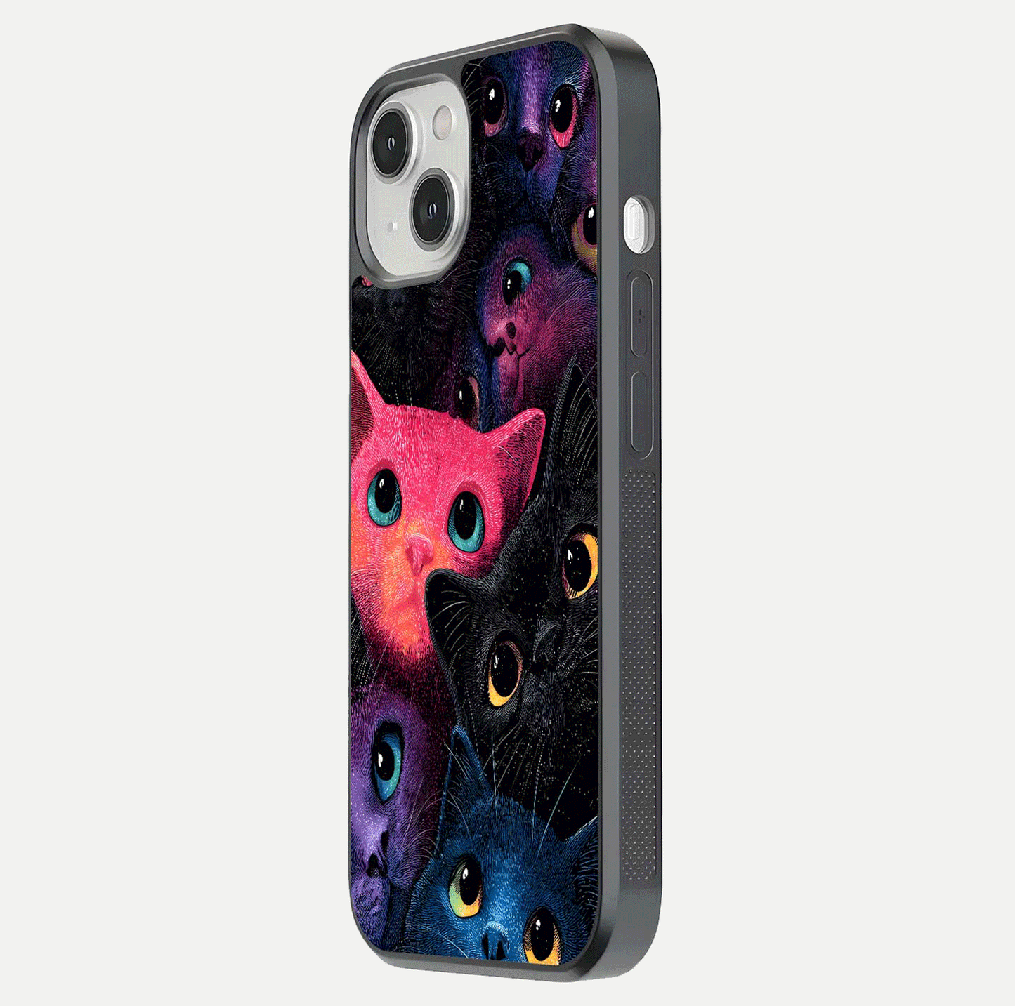 Cosmic Cats Dreams Glass Case for iPhone 13 side-angle photo showing edge gloss and color depth