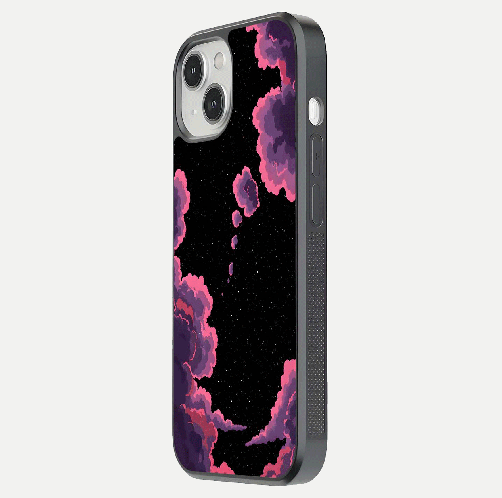 Cosmic Cloud Journey Glass Case for iPhone 13 side-angle photo showing glass reflection and smooth tone
