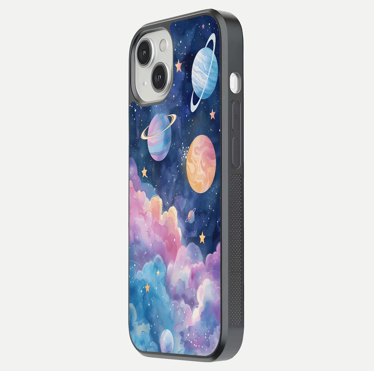 Cosmic Planet Dreams Glass Case for iPhone 13 side-angle image showing texture clarity and shine