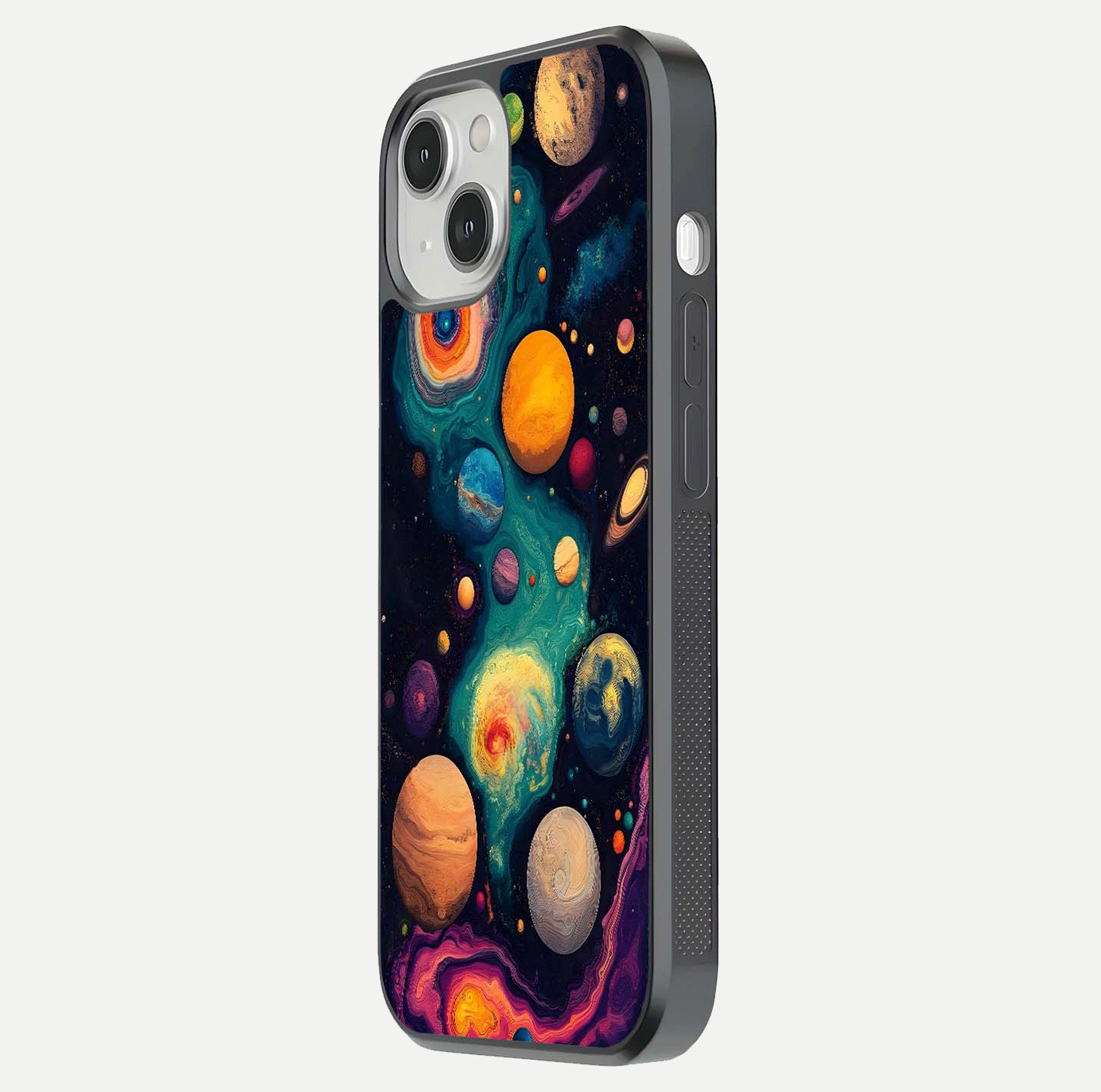 Cosmic Planet Journey Glass Case for iPhone 13 side-angle image capturing smooth gloss and reflective edges