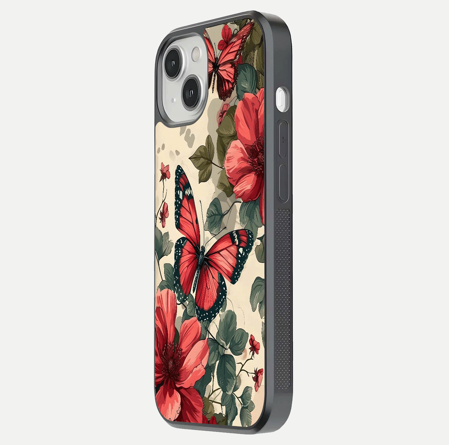 Crimson Butterfly Garden Glass Case for iPhone 13 side-angle photo capturing gloss texture and soft tone