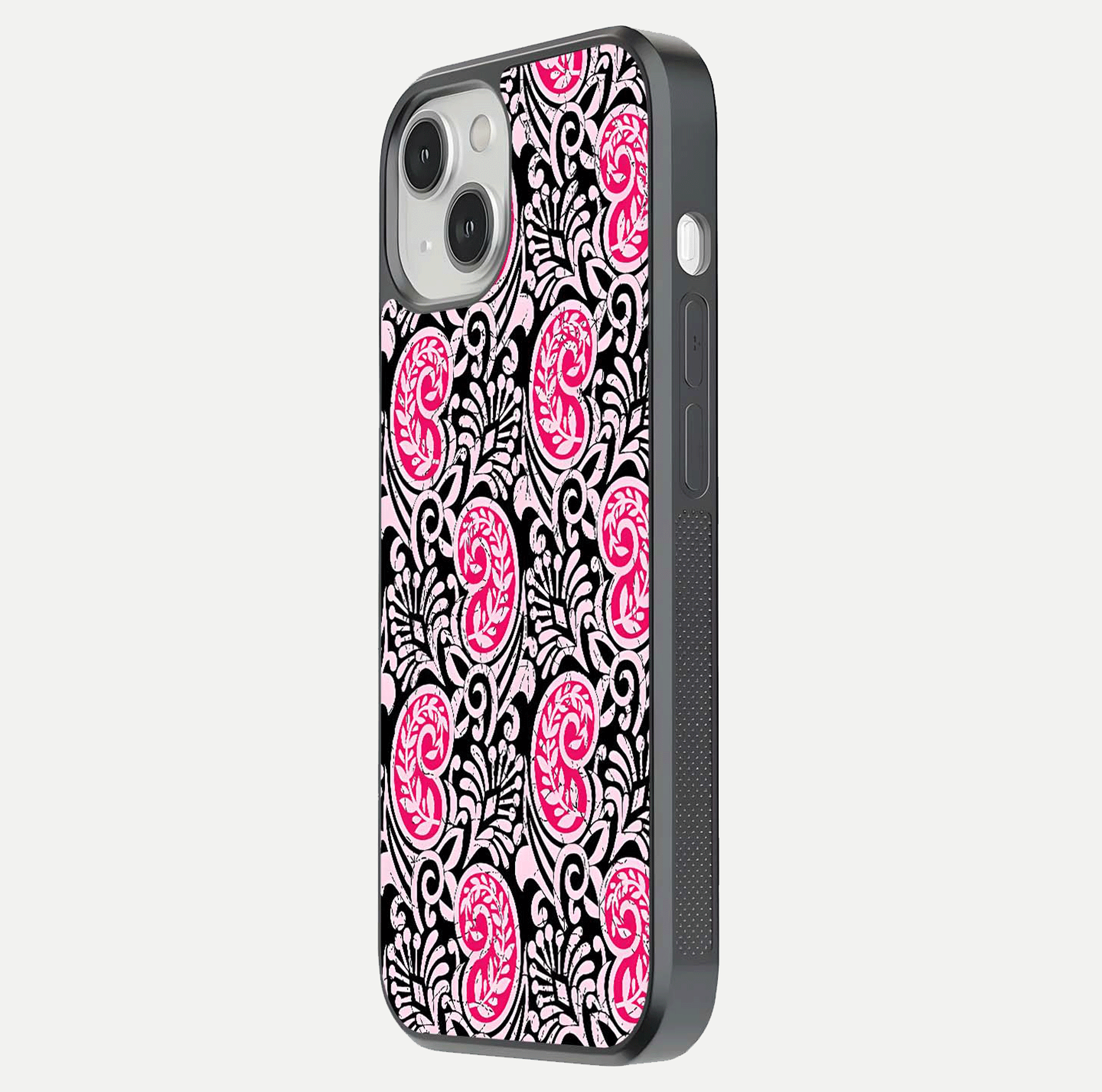 Crimson Paisley Charm Glass Case for iPhone 13 side-angle image showing reflection and smooth edges