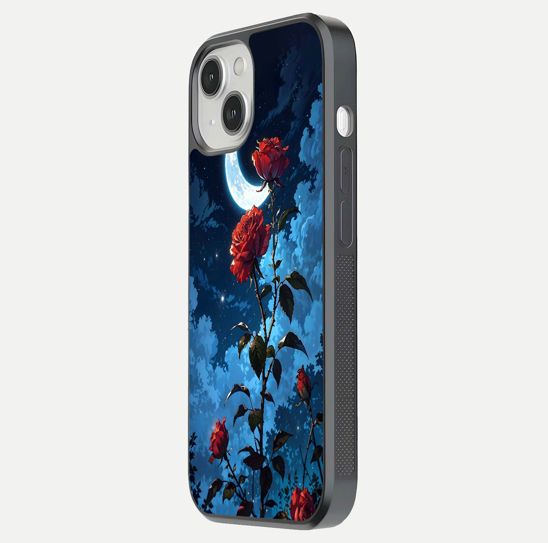 Crimson Rose Moon Glass Case for iPhone 13 side-angle photo showing reflective texture and smooth curve