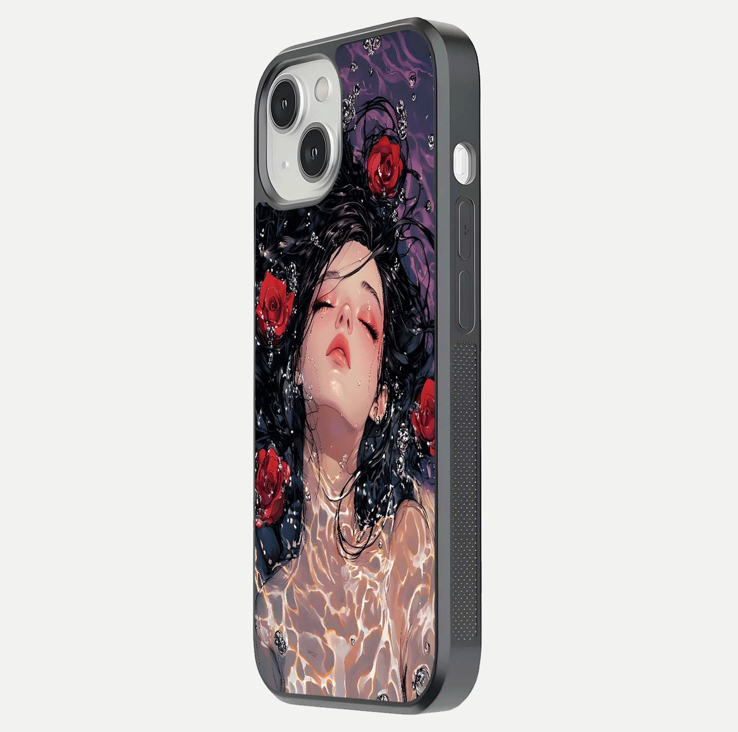 Crimson Rose Serenity Glass Case for iPhone 13 side-angle photo showing glass reflection and soft edges