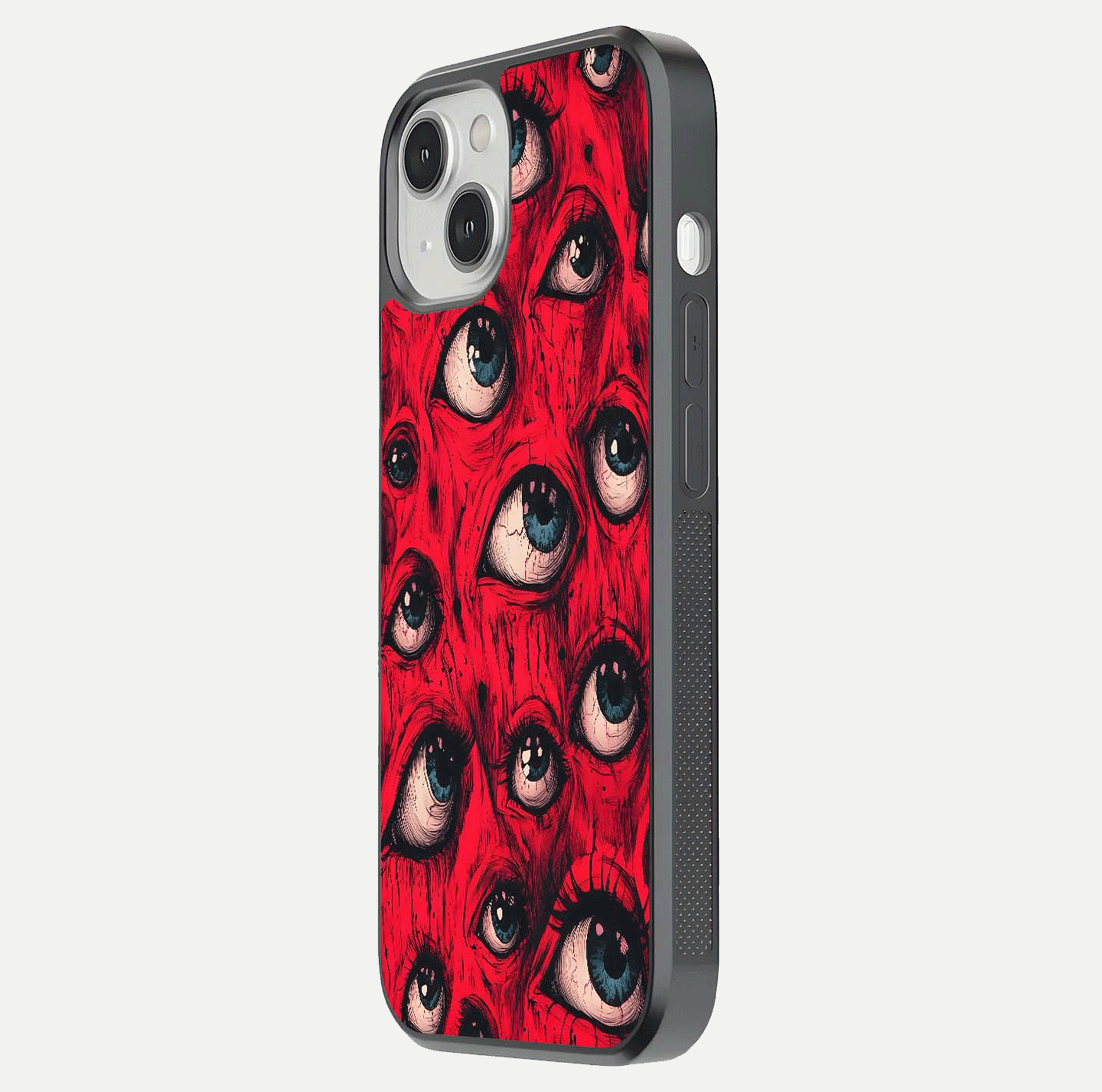 Crimson Watch Eyes Glass Case for iPhone 13 side-angle photo showing reflection texture and shine