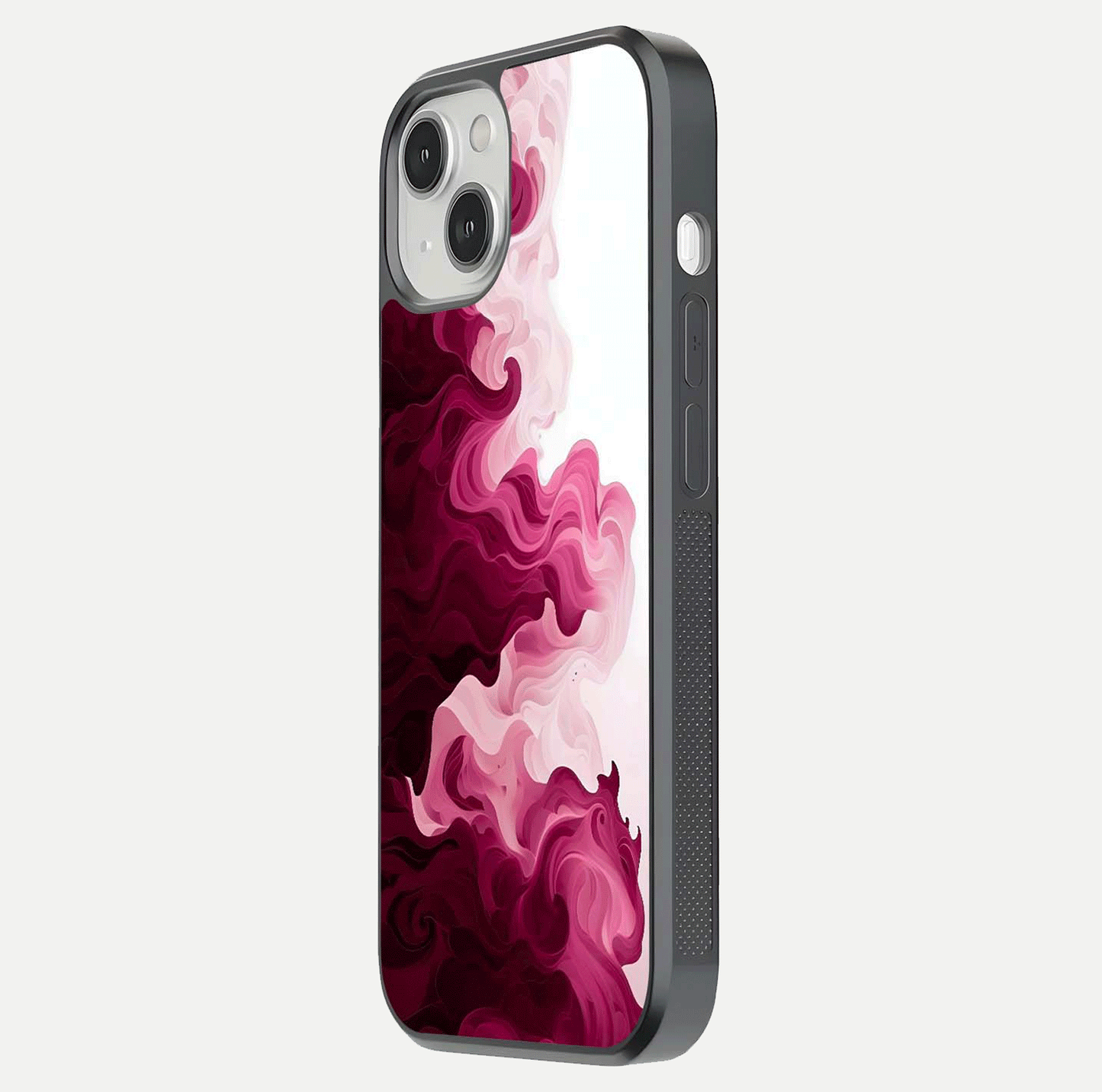 Crimson Wave Flow Glass Case for iPhone 13 side-angle photo showing reflection glow and HD finish