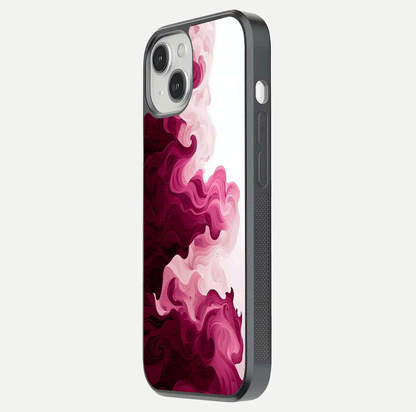 Crimson Wave Flow Glass Case for iPhone 13 side-angle photo showing reflection glow and HD finish