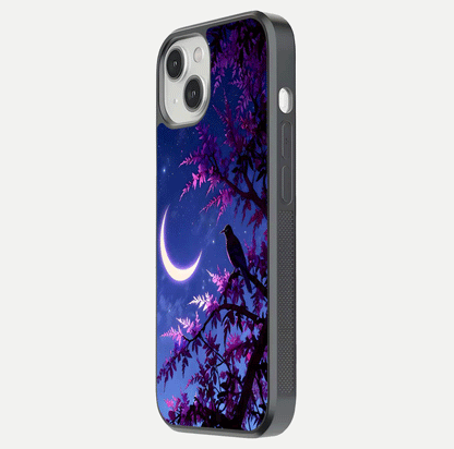 Crow & Moon Scenery Glass Case for iPhone 13 side-angle photo capturing glossy shine and artistic contrast
