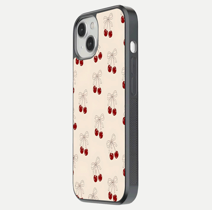 Cute Cherry Pattern Glass Case for iPhone 13 side-angle photo highlighting gloss curve and pattern clarity