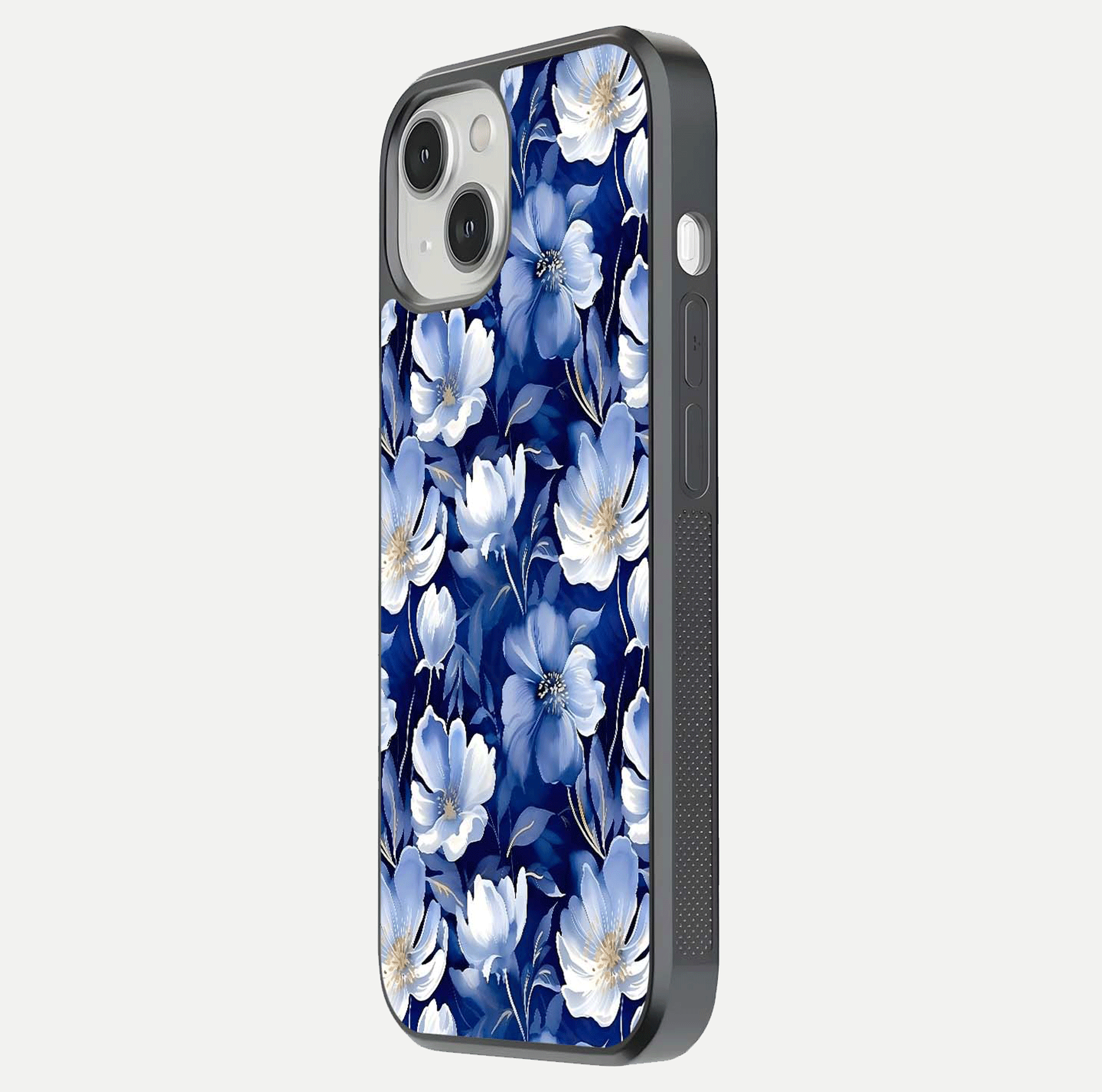 Cute Floral Patterns Glass Case for iPhone 13 side-angle image showing polished surface and gloss tone