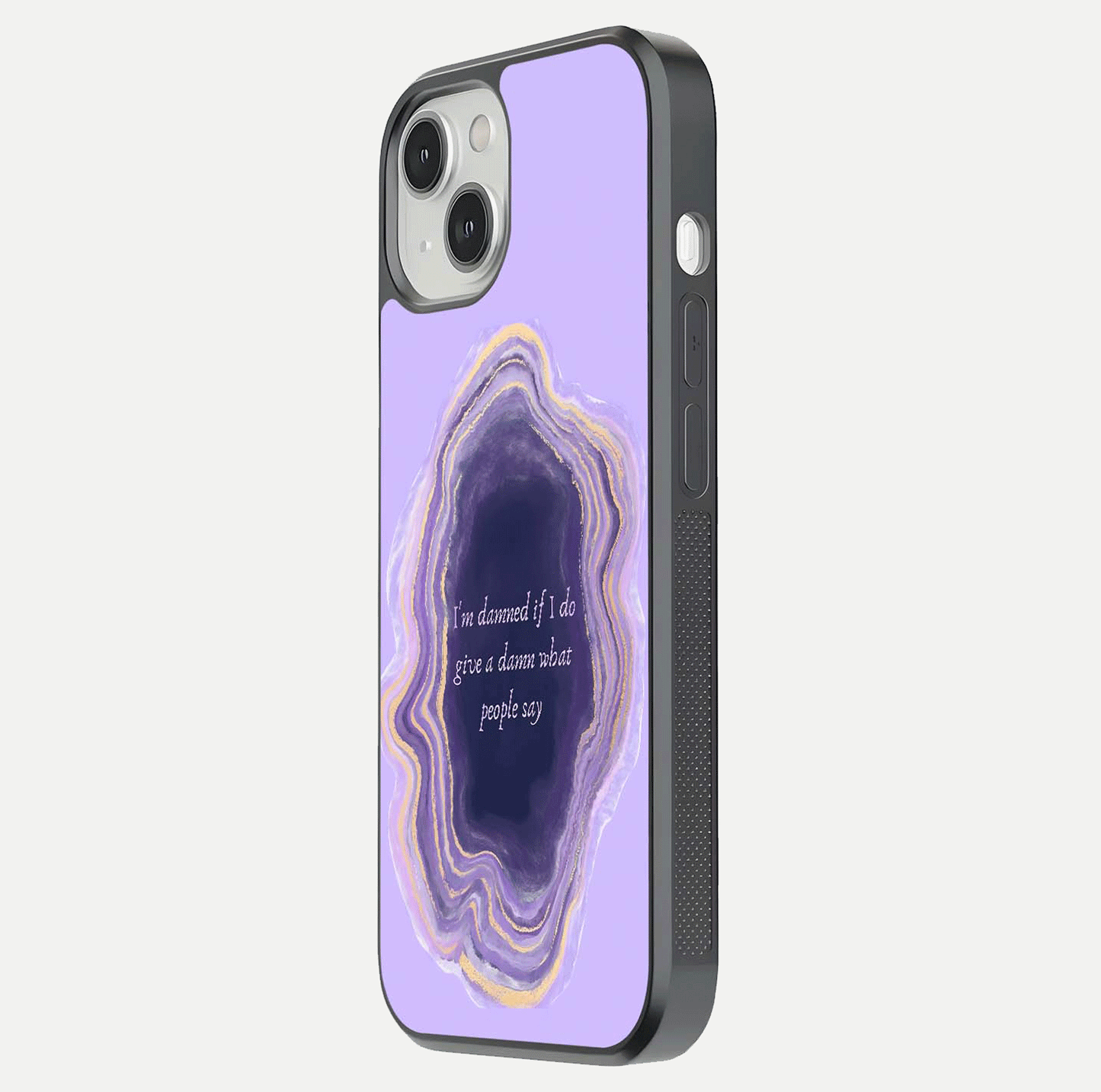 Damned People Quote Glass Case for iPhone 13 side-angle image showing light shine and smooth edges
