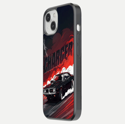 Dark Charger Fury Glass Case for iPhone 13 side-angle image showing edge gloss and bold tone