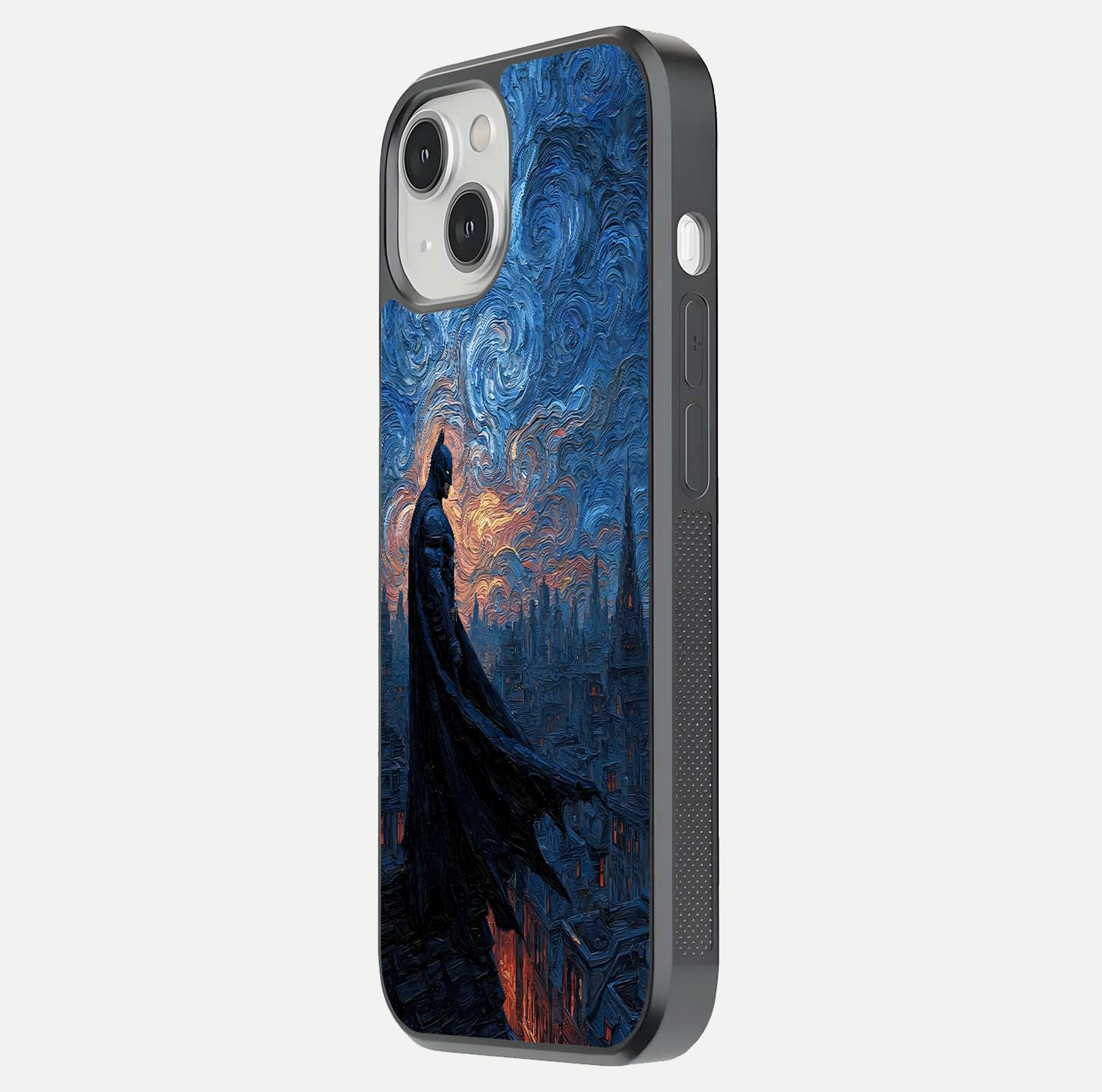 Dark Knight Dusk Glass Case for iPhone 13 side-angle image capturing reflection shine and bold contrast