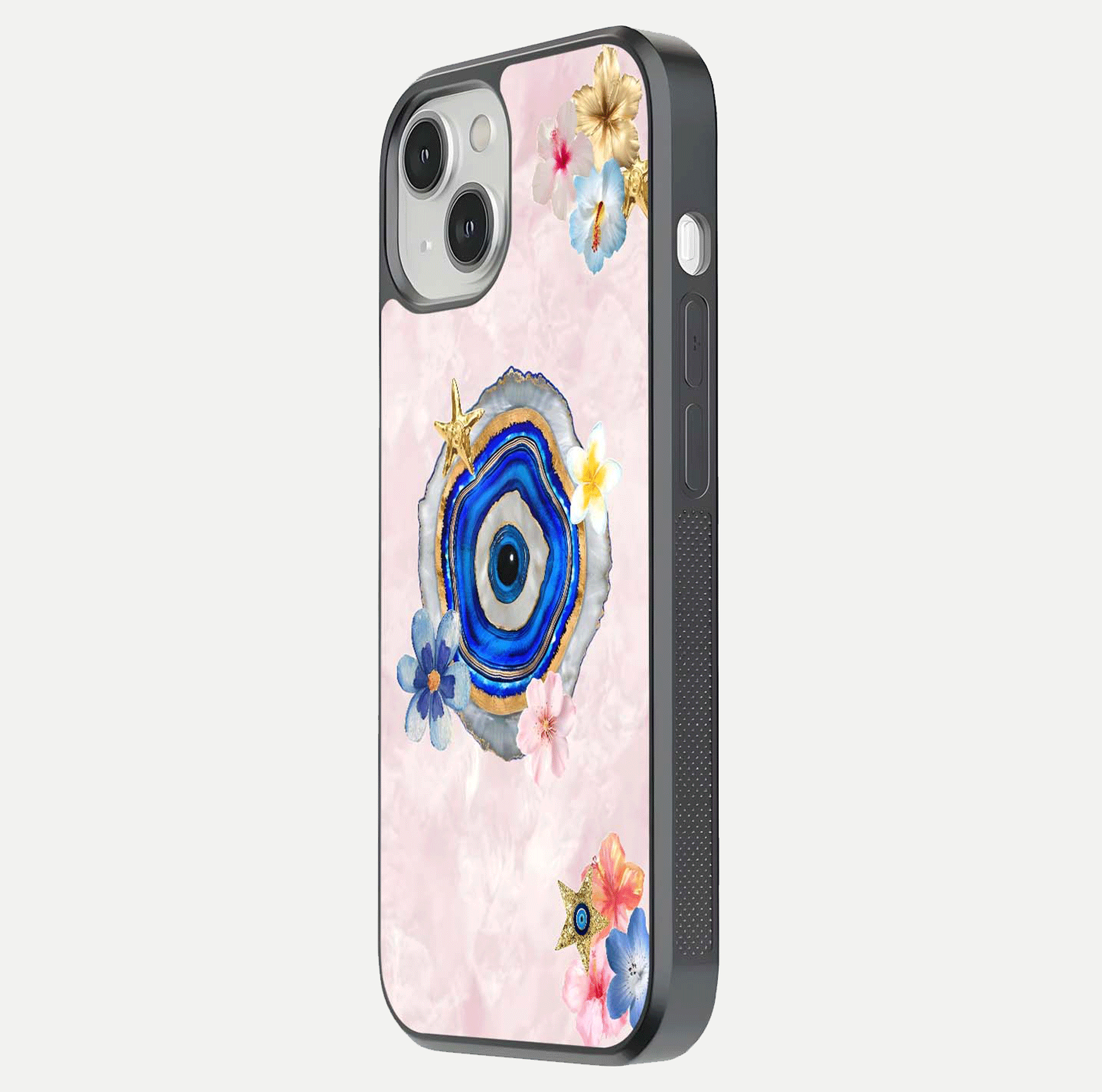 Divine Aura Bloom Glass Case for iPhone 13 side-angle photo capturing reflection glow and premium polish