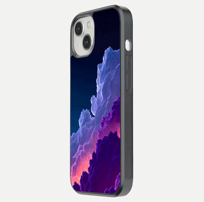 Dreamy Cloud Skies Glass Case for iPhone 13 side-angle image showing reflection clarity and polish