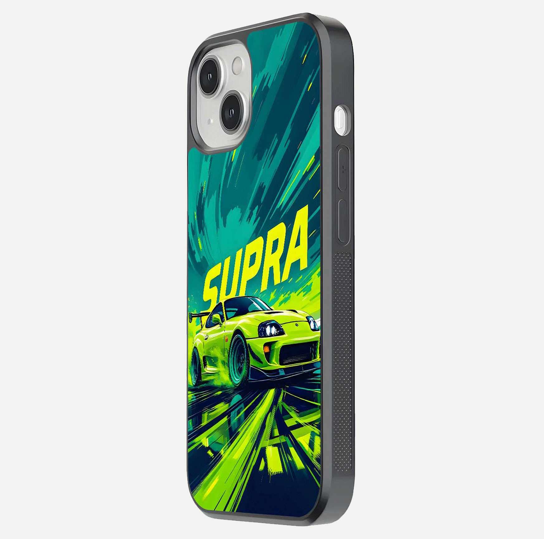 Electric Supra Thunder Glass Case for iPhone 13 side-angle photo showing sleek car outline and reflective shine