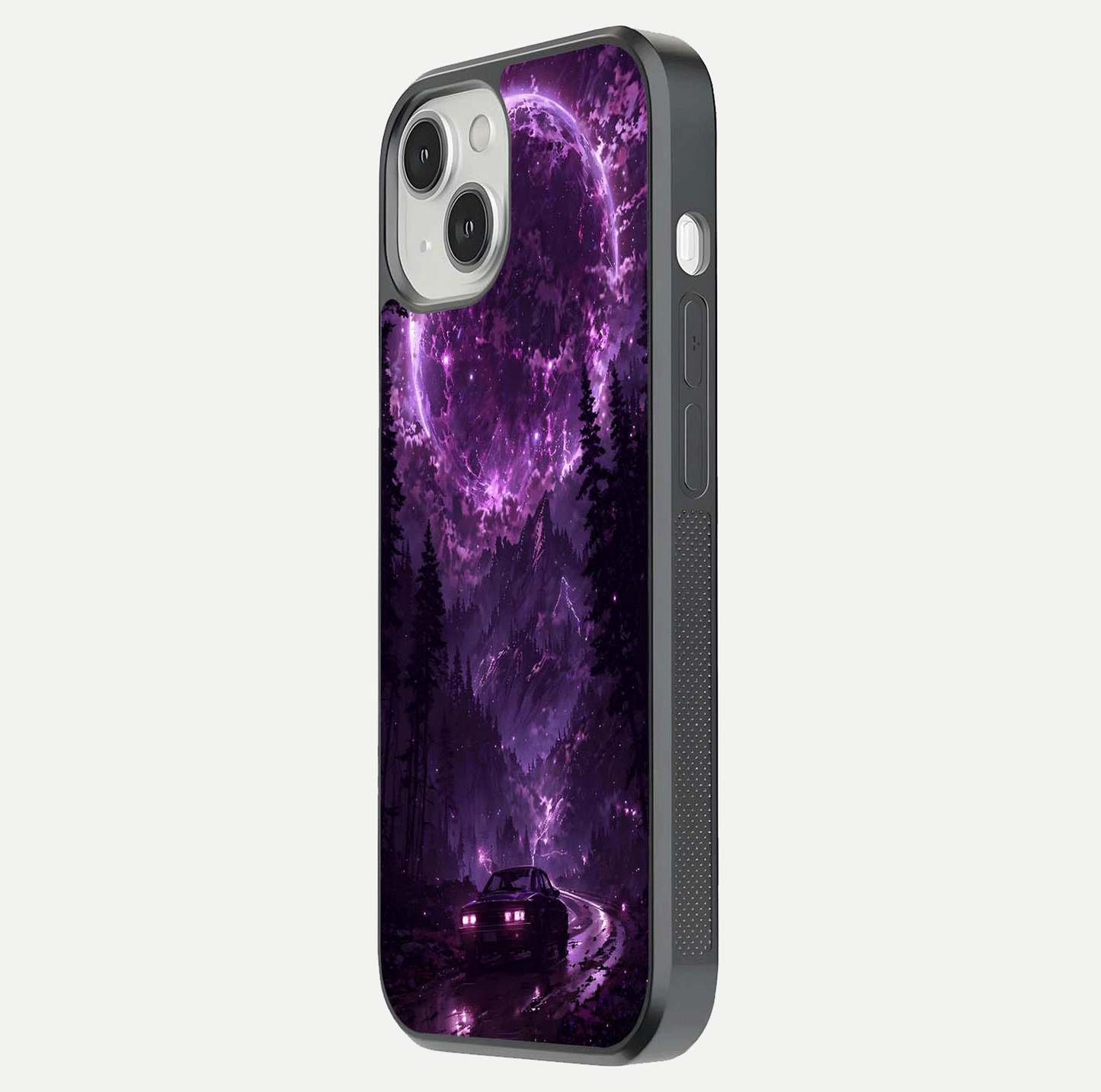 Eternal Cosmic Drive Glass Case for iPhone 13 side-angle image showing reflection texture and color contrast