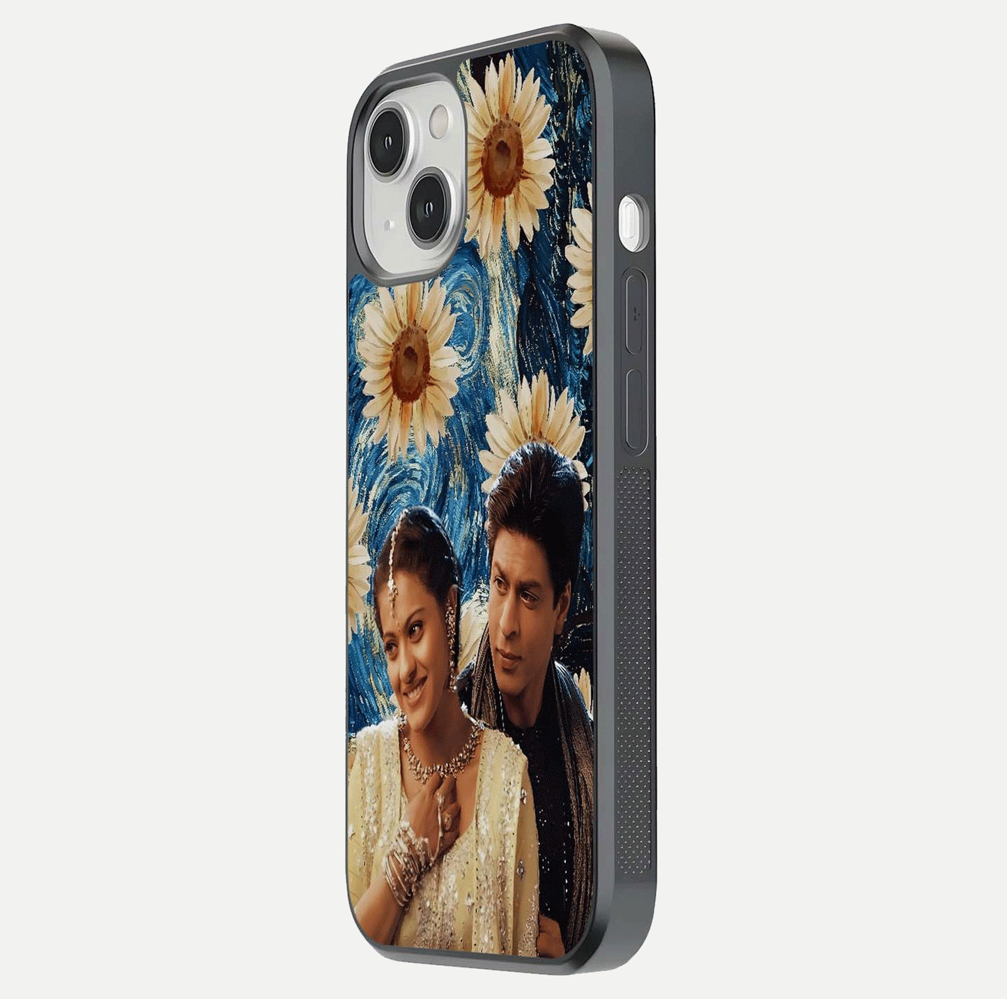 Eternal Love Story Glass Case for iPhone 13 side-angle photo showing curved edges and polished surface