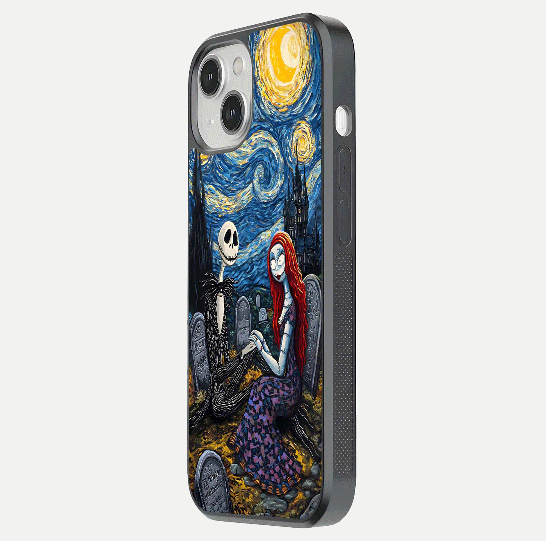 Eternal Night Love Glass Case for iPhone 13 side-angle photo showing edge shine and soft reflection