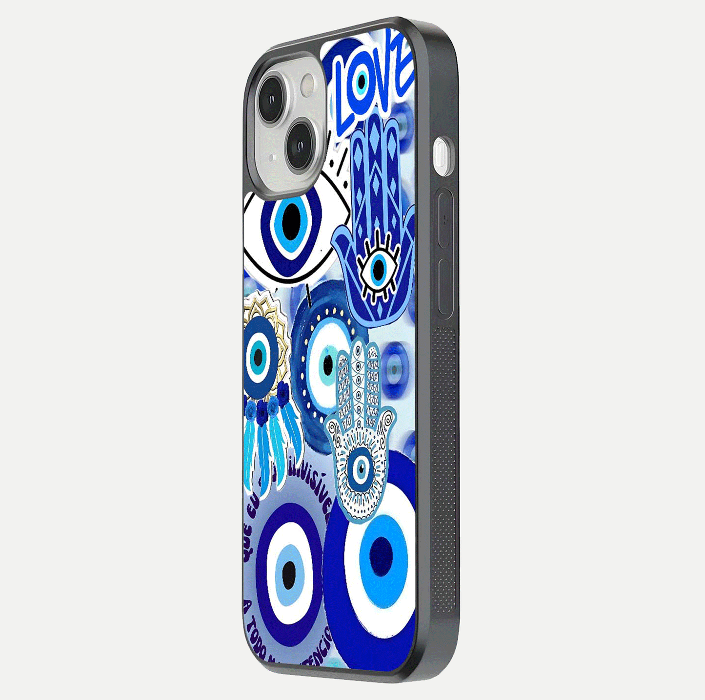 Evil Eyes Dream Glass Case for iPhone 13 side-angle photo capturing smooth edges and reflective texture
