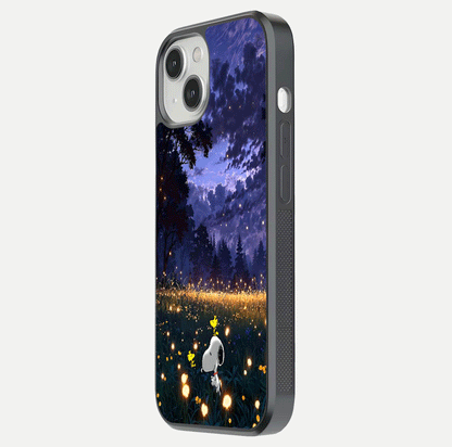 Firefly Meadow Magic Glass Case for iPhone 13 side-angle image capturing glow reflection and fine texture