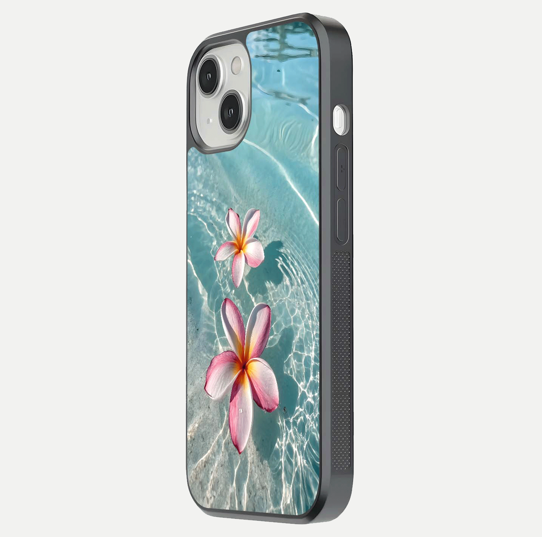Floating Bloom Bliss Glass Case for iPhone 13 side-angle photo showing smooth reflection and elegant curve