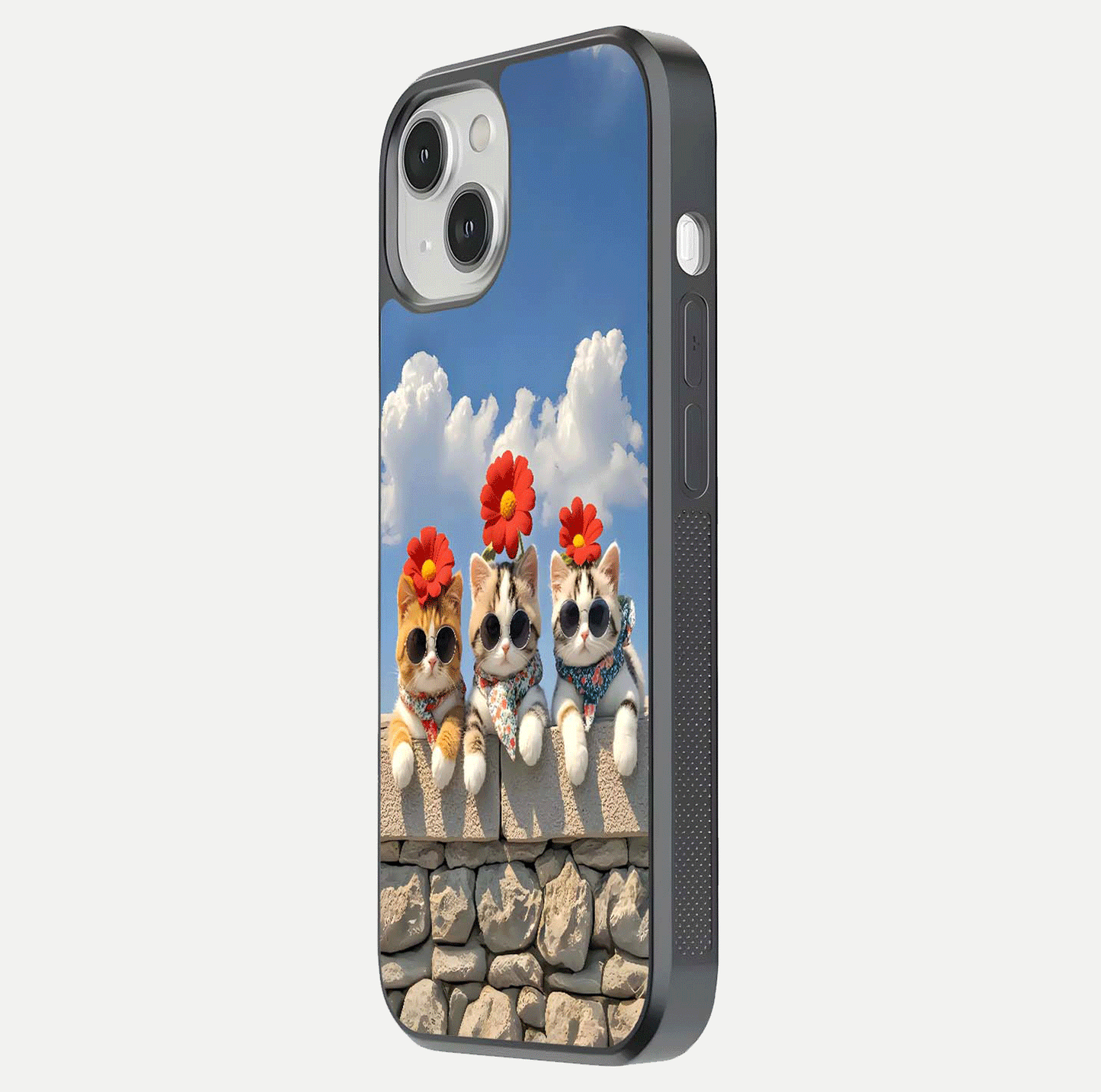 Floral Kitty Squad Glass Case for iPhone 13 side-angle photo showing reflection glow and polished surface