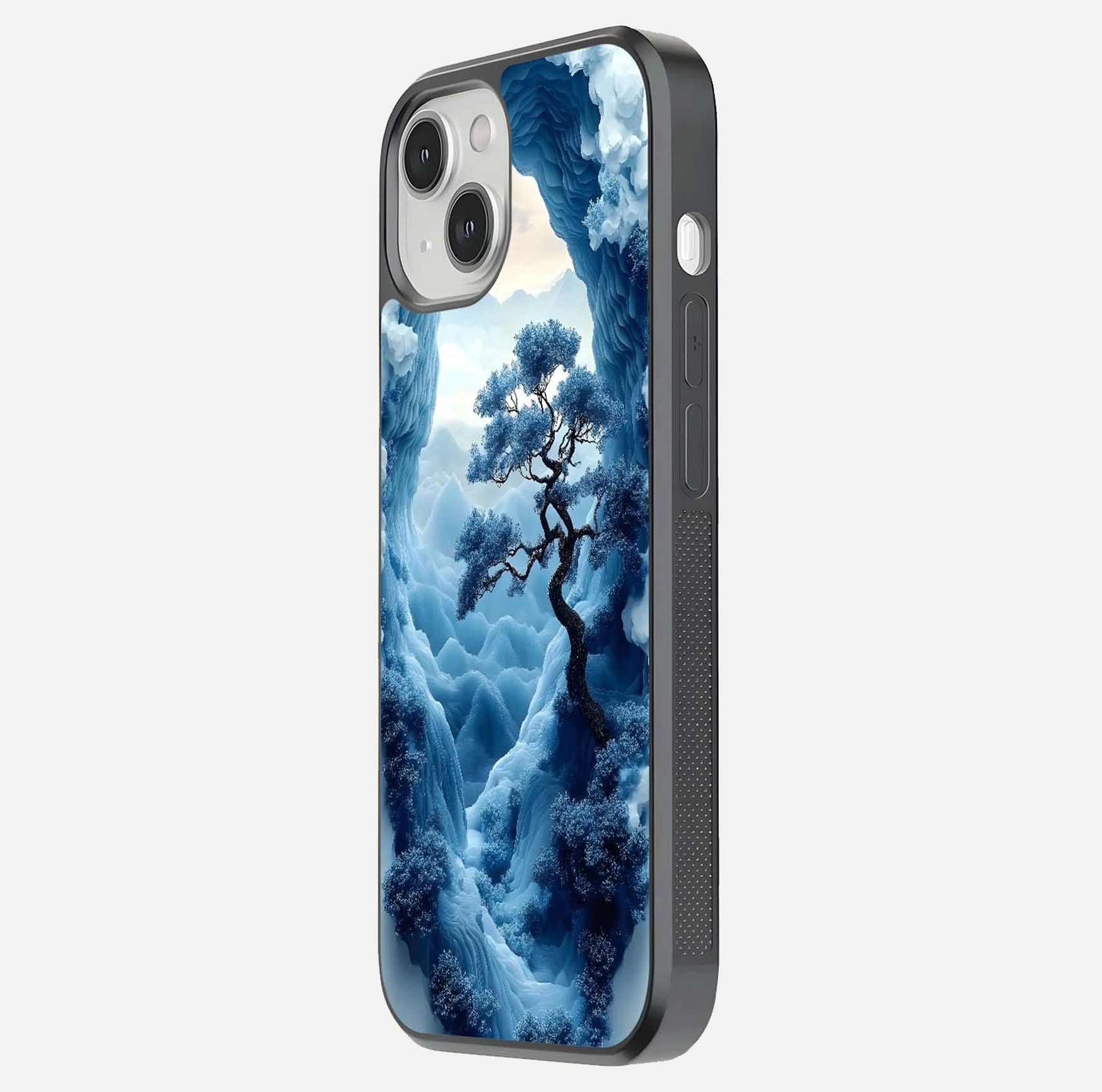 Frozen Serenity Gate Glass Case for iPhone 13 side-angle photo showing reflective surface and cold tones