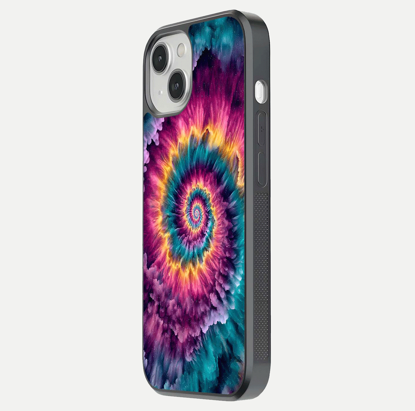 Galactic Spiral Burst Glass Case for iPhone 13 side-angle image showing reflection clarity and vivid galactic texture