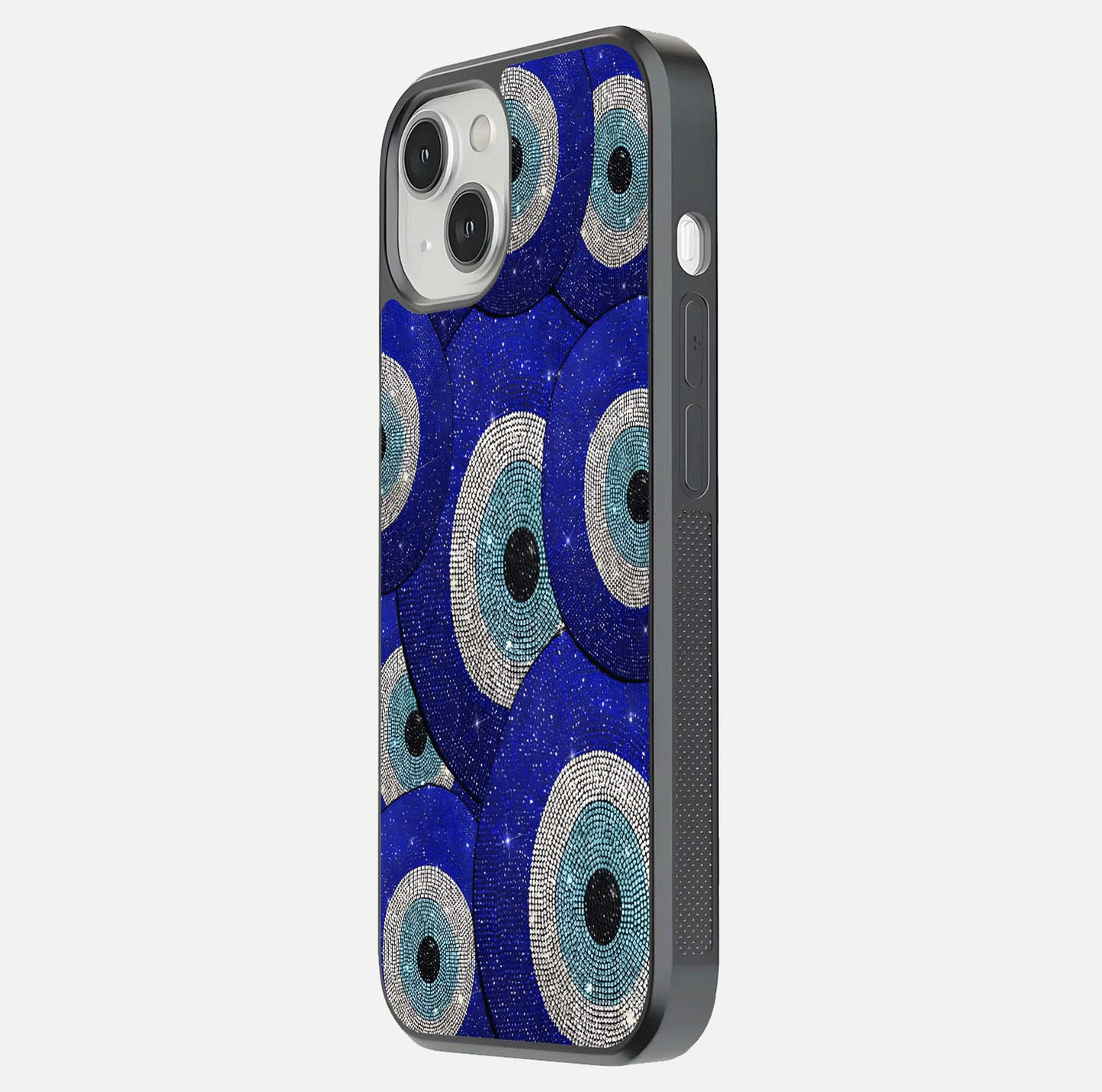Galaxy Eye Flow Glass Case for iPhone 13 side-angle image showing reflection detail and premium shine