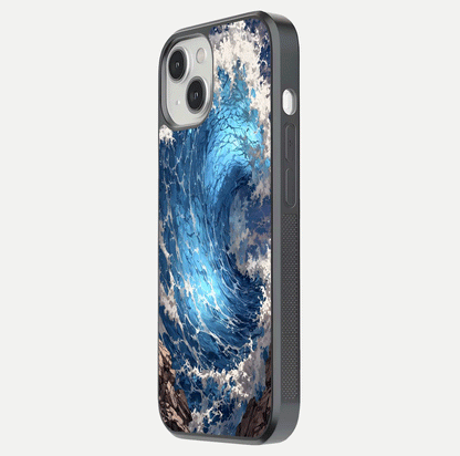 Giant Ocean Wave Glass Case for iPhone 13 side-angle image showing light reflection and ocean detail