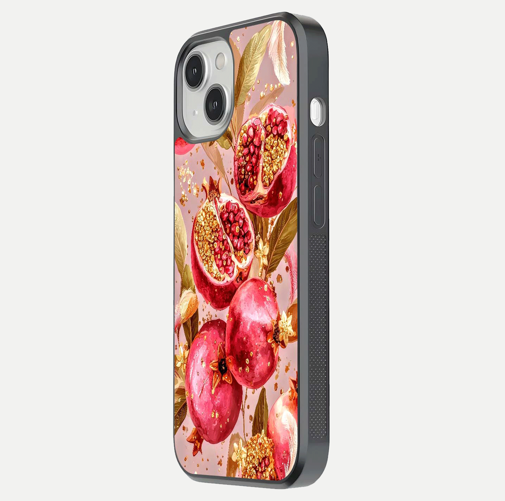 Golden Bloom Glow Glass Case for iPhone 13 side-angle image showing light reflection, gloss texture, and rich tone