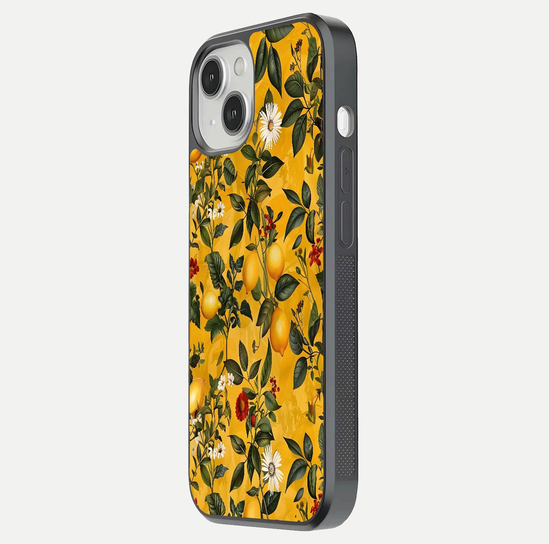 Golden Lemon Field Glass Case for iPhone 13 side-angle image showing reflection clarity and juicy color tone