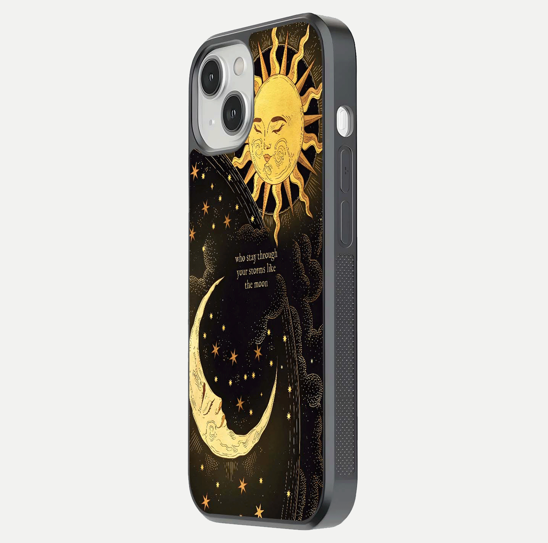 Golden Lunar Love Glass Case for iPhone 13 side-angle image showing reflection brilliance and smooth golden tone