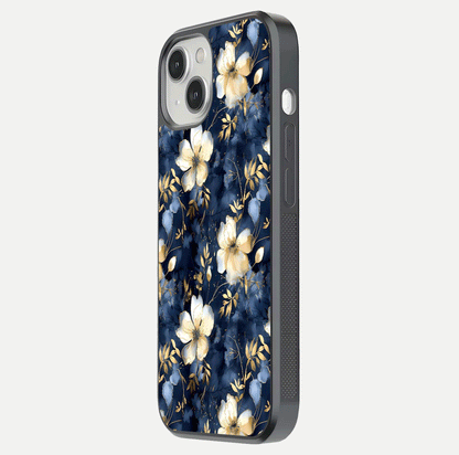 Golden Midnight Bloom Glass Case for iPhone 13 side-angle image showing shine depth and elegant edge design
