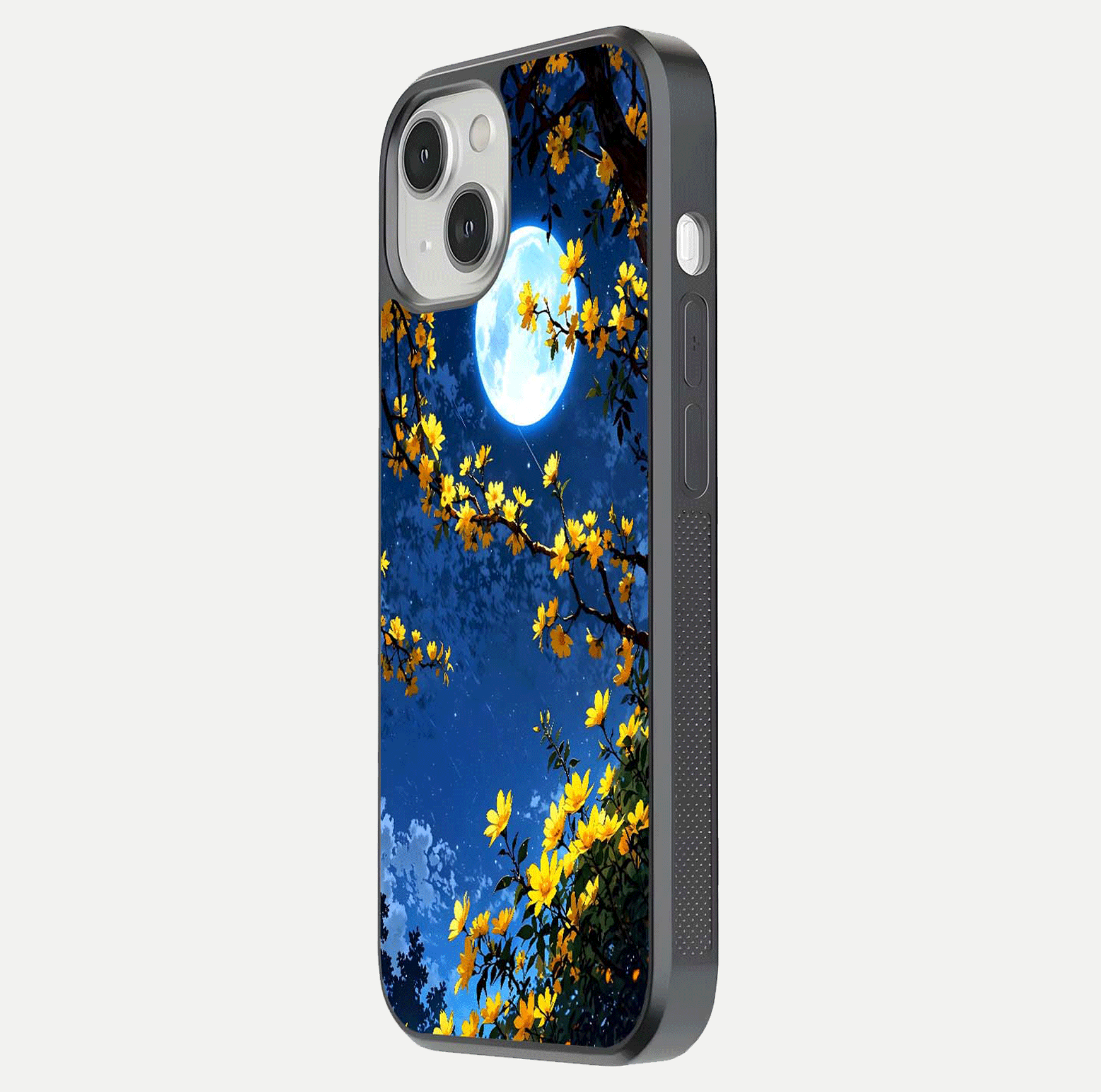 Golden Night Glow Glass Case for iPhone 13 side-angle image showing reflection clarity and elegant golden tone